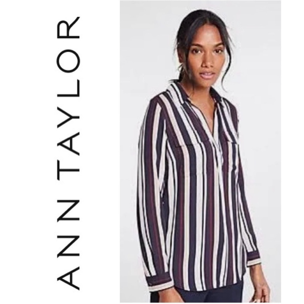ANN TAYLOR Stripe Camp Shirt Navy Blue Pink Top Blouse Collar Women's XS